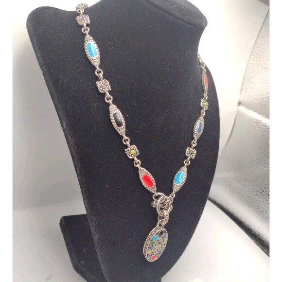 Sterling Silver 18" Necklace 63g Southwestern Enamel Bead 8.6mm Toggle Pendant - Picture 6 of 16